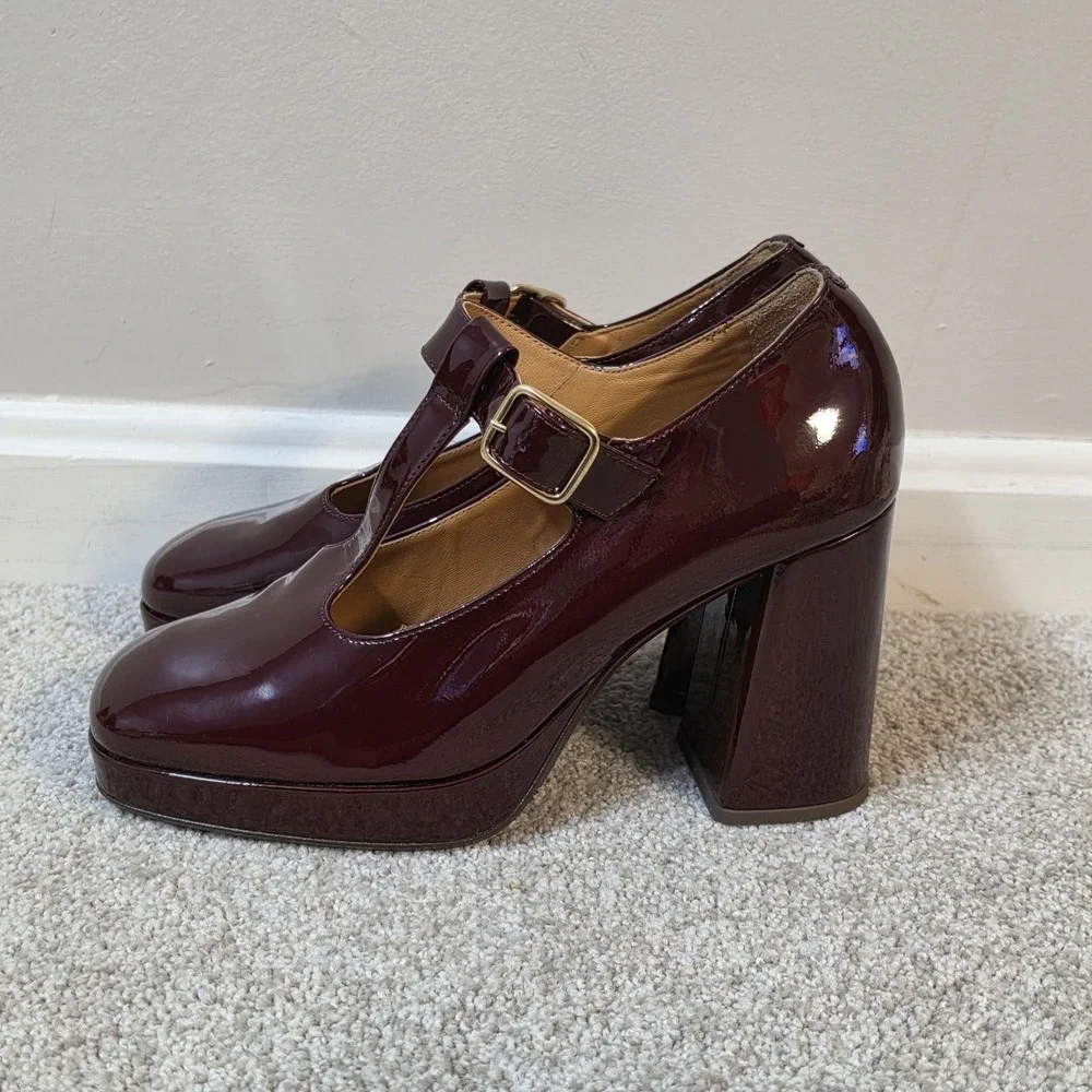 Sezane Monique Mary Jane Heels Burgundy Patent Leather Platform Pumps EU 39